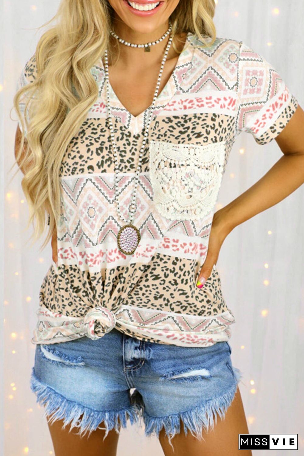 Casual Street Print Leopard Pocket V Neck T-Shirts