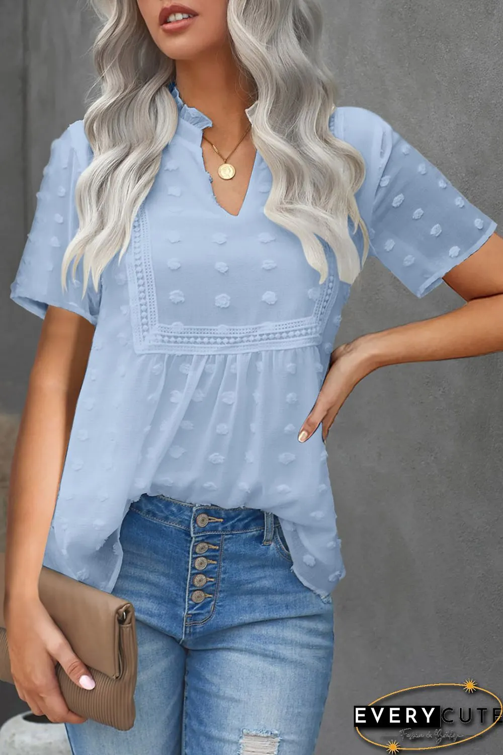 Sky Blue Swiss Dot Short Sleeve Flowy Top