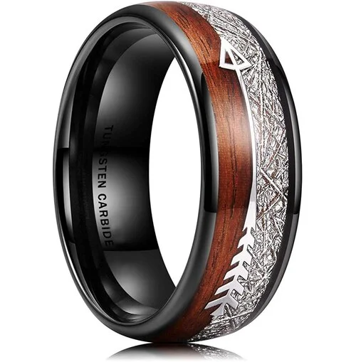 Women's Or Men's Tungsten Carbide Wedding Band Matching Rings,Black Tone Band with Cupid's Arrow with Wood and Inspired Meteorite Inlay,Tungsten Carbide Domed Top Ring With Mens And Womens Rings For 4MM 6MM 8MM 10MM