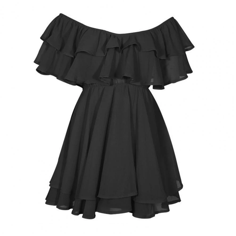 Elegant Prom Dress  Double Layers Off Shoulder Ruffle Fit Flare Mini Dress Summer Women Casual Dresses. Footnote