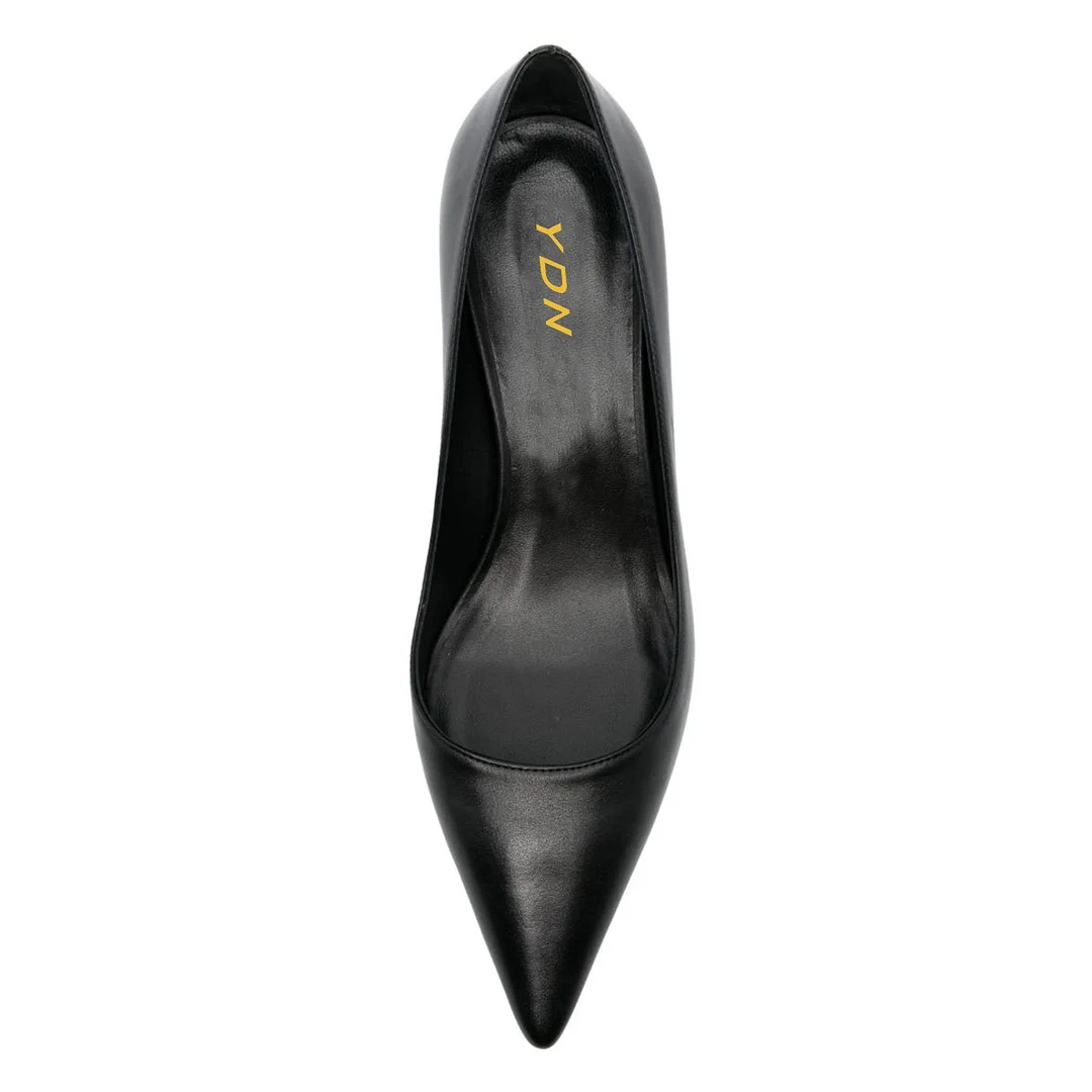 Black Pointed Toe Slip On Vegan Leather Cone Heel Pumps Heels