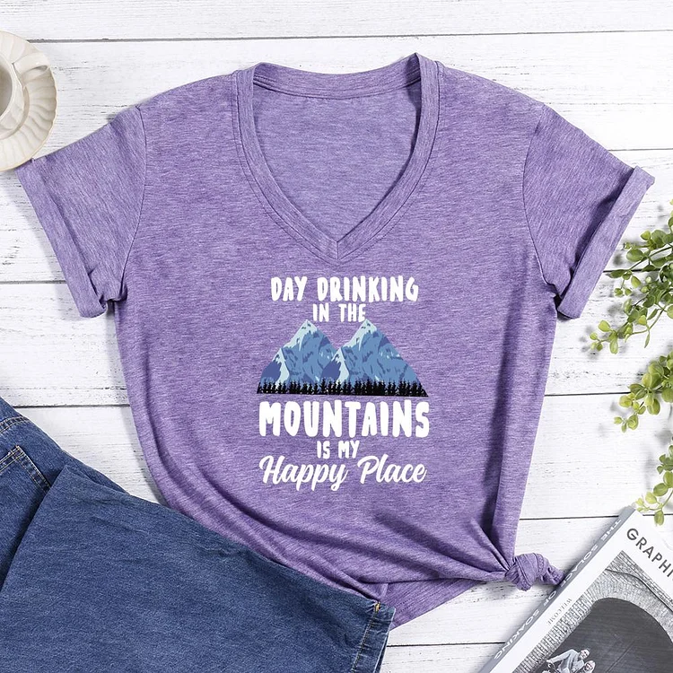 Mountains is my happy place V-neck T Shirt