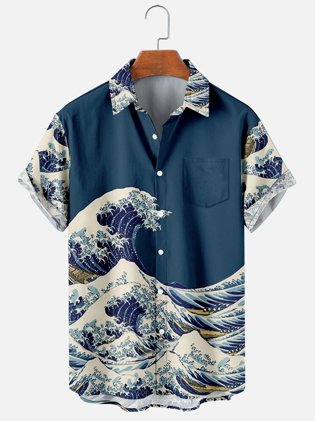 Mens Japanese Ukiyoe Print Round Hem Loose Short Sleeve Hawaiian Shirts