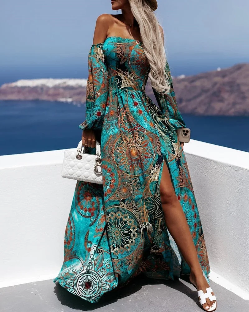 Uforever21 Summer Women Fashion Vacation Beach Dress Long Sleeve Loose Tribal Print Off Shoulder Corset Slit Holiday Maxi Dresses 2023 New