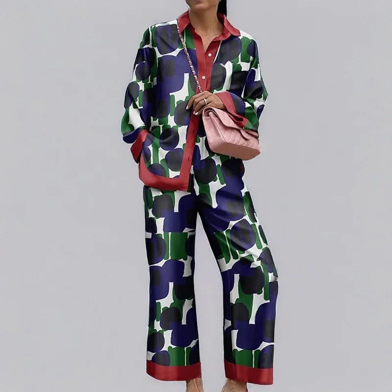 Brownm Brownm 2024 New Women's Temperament Commuter Loose Print Long Sleeve Wide-Leg Pants Fashion Suit Women