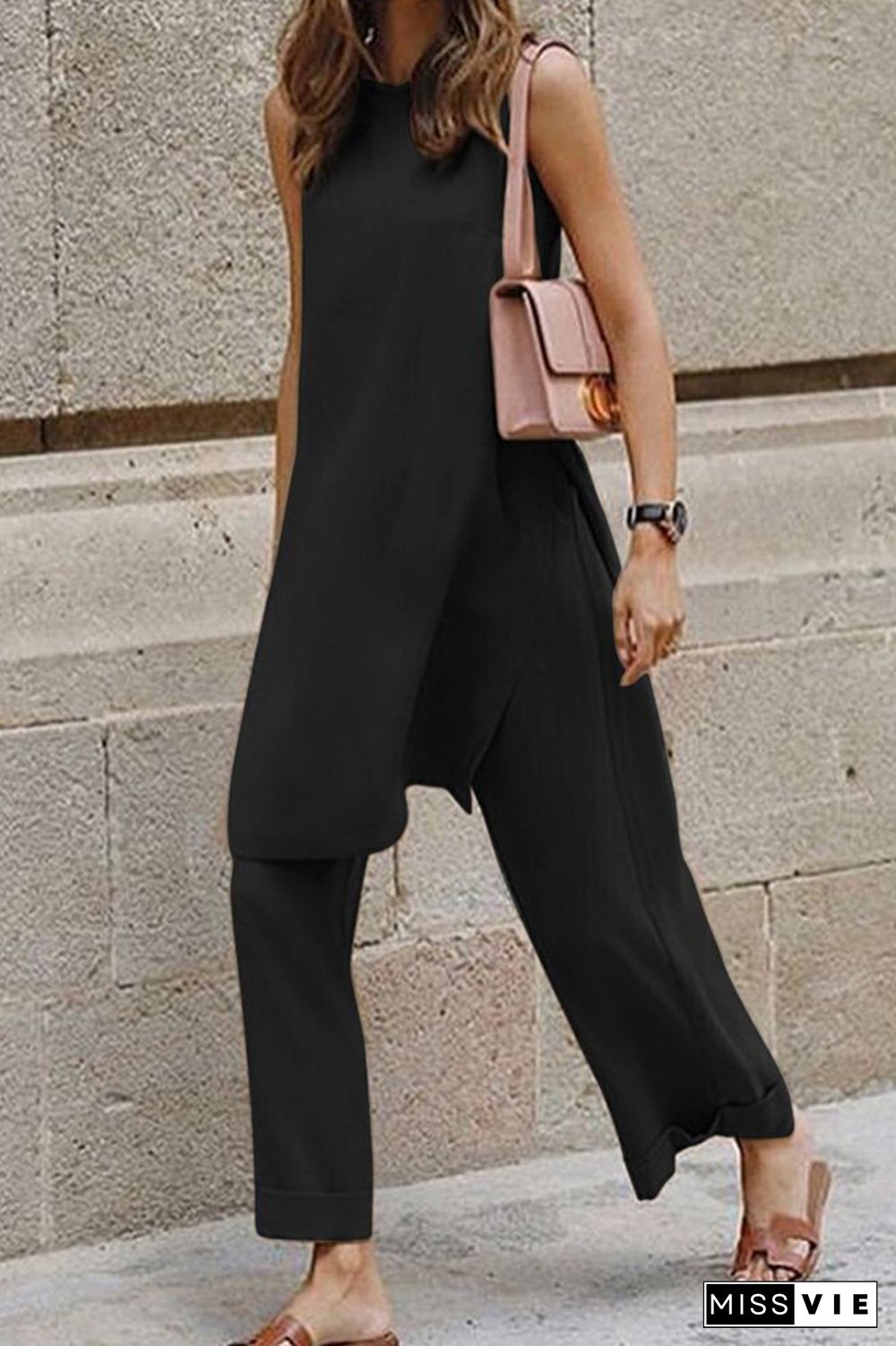 Casual Solid Slit O Neck Sleeveless Two Pieces(3 Colors)