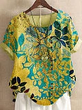 Round Neck Casual Loose Bronze Leaf Print Short Sleeve Blouse