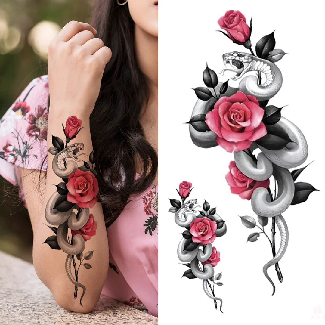 Death Skull Flower Temporary Tattoo For Women Girls Snake Bird Peony Tattoo Sticker Black Fake Blossom Sexy Tatoo Transfer Adult 530-1