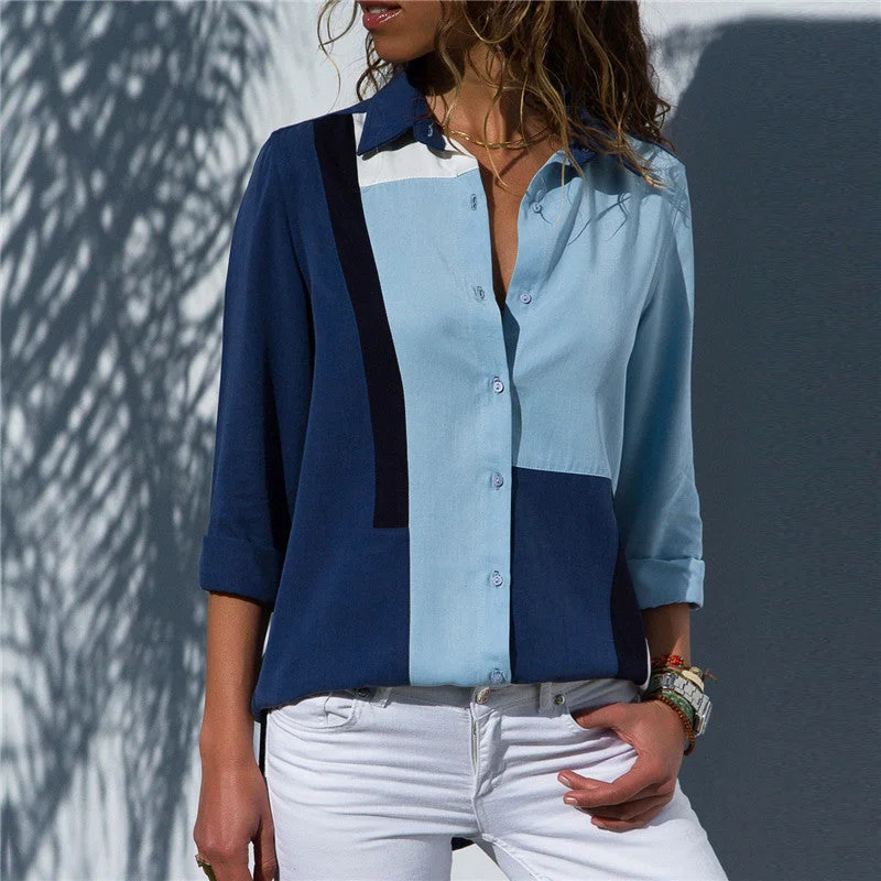 Casual Blouse For Women V-Neck Long Sleeve Colorblock Chiffon Top