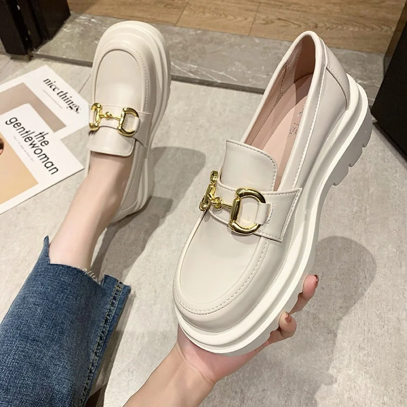 Flats Leather Casual Shoes Metal Buckle Platform for Women 2021 Oxfords Women's Loafers Genuine Moccasins Slip-on Autumn