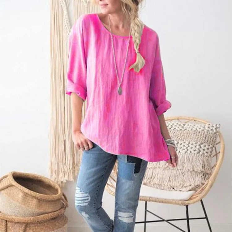 Women's Round Neck Long Sleeve Solid Color Loose Plus Size Top