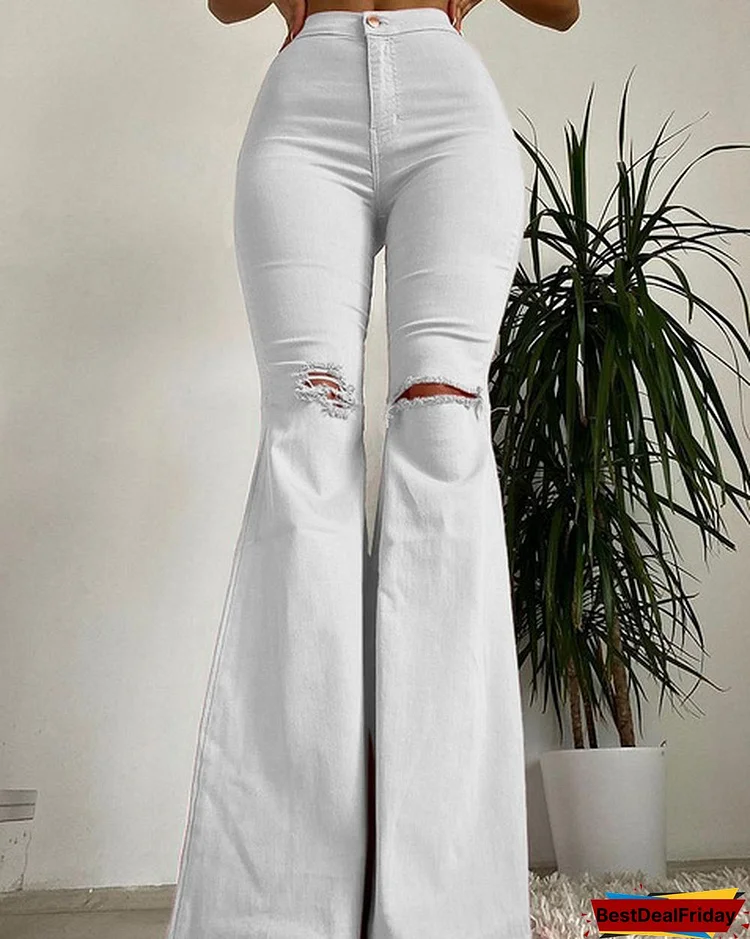 New Women Fashion Slim Fit Solid Color Bell-Bottoms Jeans Classic Style Ripped Jeans Lady High Waist Long Denim Pants Street Retro Style Stretchy Jeans