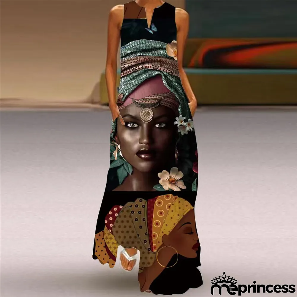 Summer women's sleeveless dress v-neck printed face dress