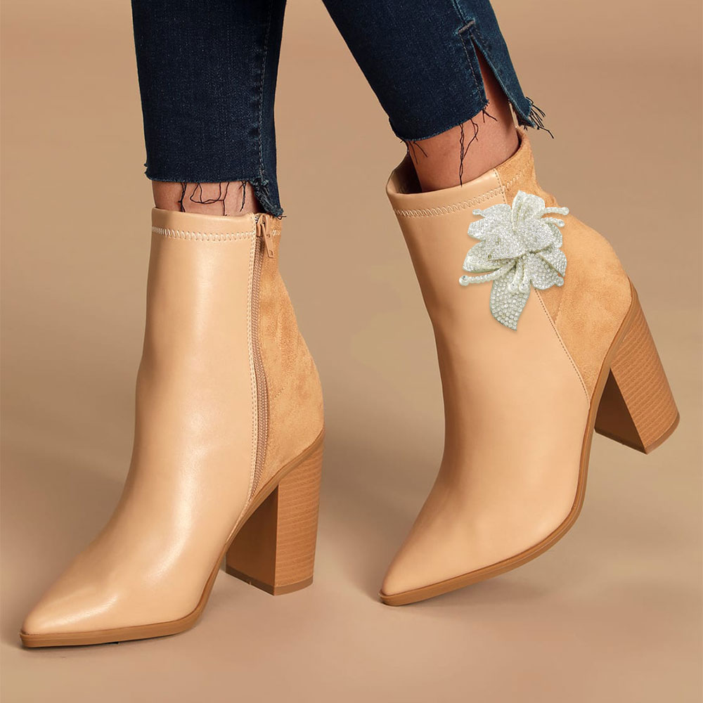 Women's Nude Pointed Toe Chunky Heel Rhinestone Floral Ankle Boots Nicepairs