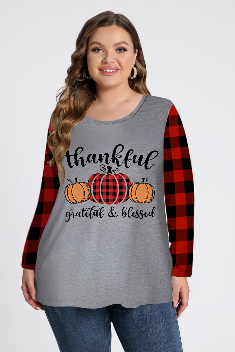Flycurvy Plus Size Halloween Grey Pumpkin Letter Print Plaid Long Sleeve T-Shirt