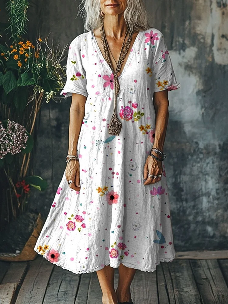 Women's Vintage  Art Print Pocket Cotton Dress