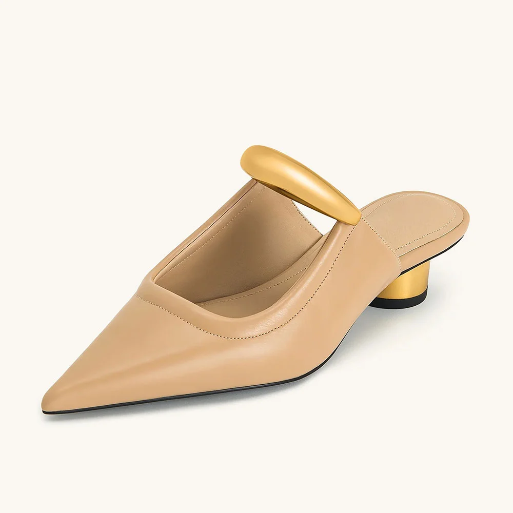 Khaki Vegan Leather Closed Pointed Toe Casual Heeled Mules