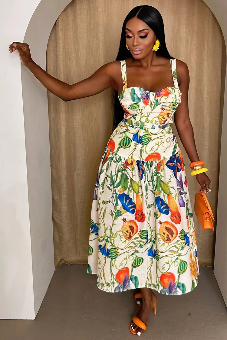 Floral Fruit Print Straps Cinched Vacation Maxi Dresses-Beige [Pre Order]