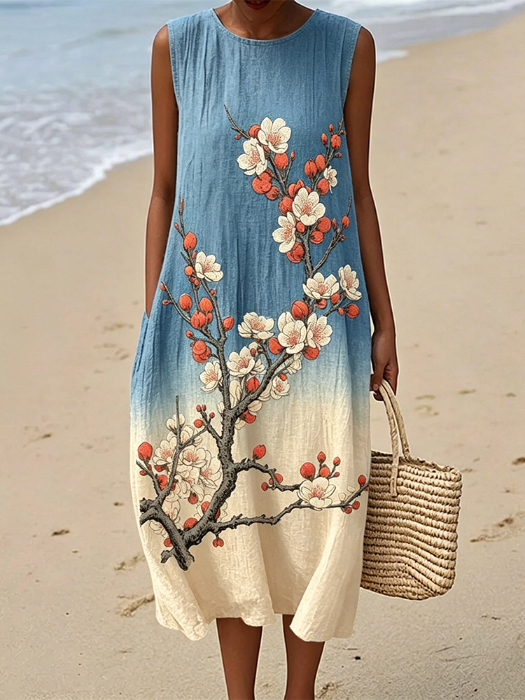 Vintage Japanese Peach Blossoms Art Flowy Linen Tank Dress wearshes