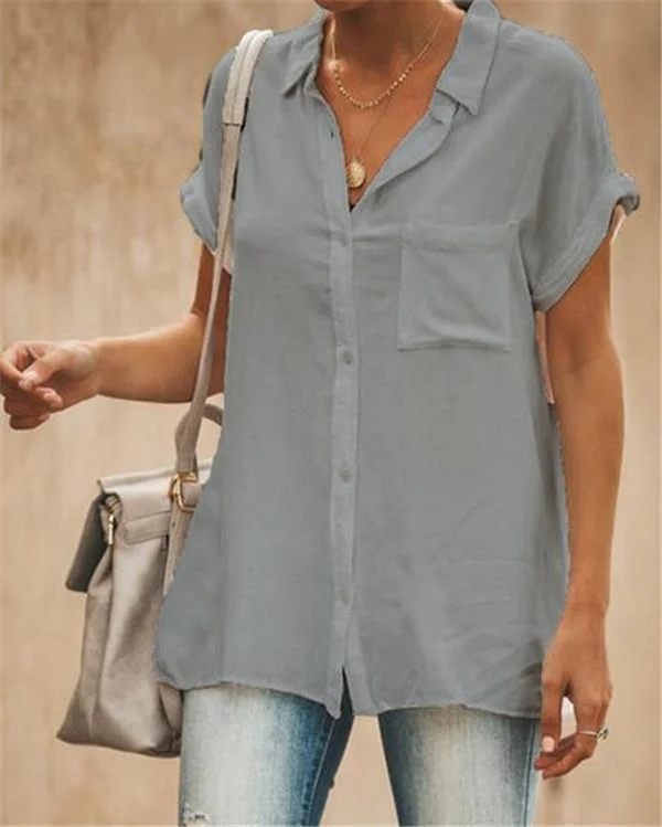 stand collar short sleeve solid color women casual tops p97986