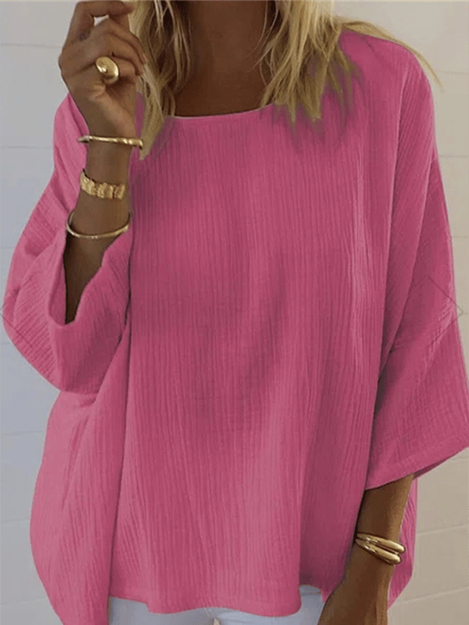 Women's Casual Loose Round Neck Solid Color Simple Long Sleeve Shirt