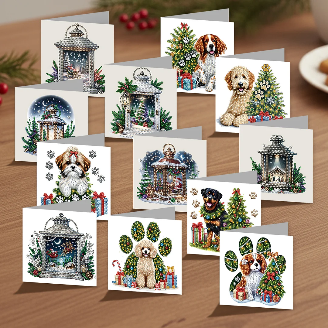 12Pcs Xmas Dog DIY Diamond Painting Greeting Cards for Adult Holiday Gifts