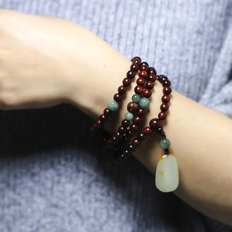 Small Leaf Red Sandalwood Tibetan Jade Mala Meditation Bracelet