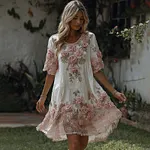 Women's Floral Roses Art Print Flowy Linen Blend Casual Short Sleeve Mini Dress - Image 2