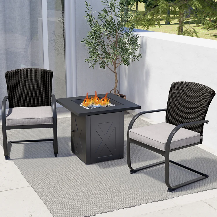 3 Piece Fire Pit Chat Set 2 Dining Chairs with 28 Inch Propane Gas Fire Pit Wicker Chairs