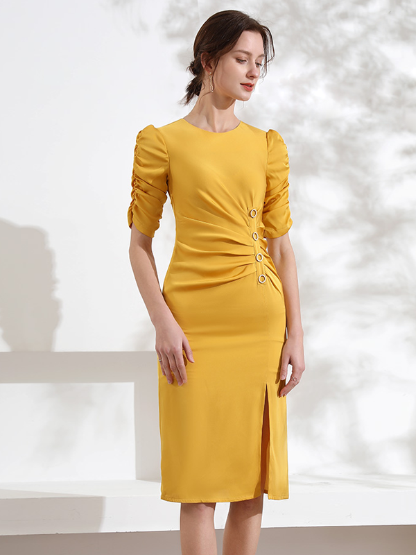 Gathered Design Yellow Silk Dress REAL SILK LIFE