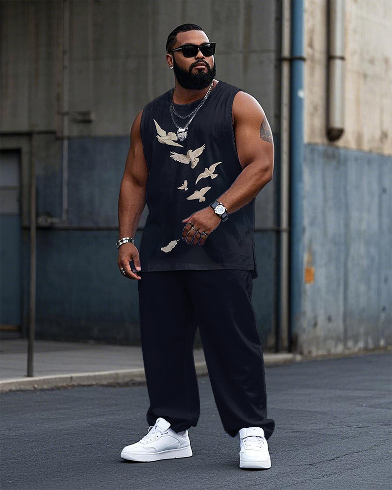 Men's Plus Size Street Fashion Blue Pigeon Print Vest Trousers Suit