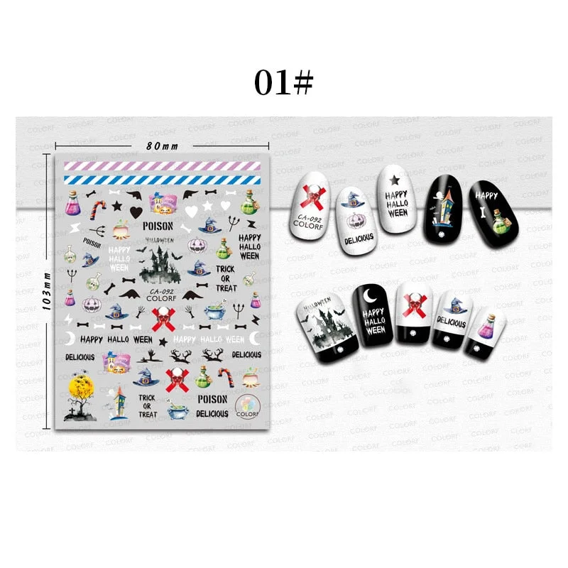 1 Sheet 3D Halloween Nail Sticker Christmas Skull Bone Snake Butterfly Maple Leaf Pattern Decals Manicures 3D Nail Decorations