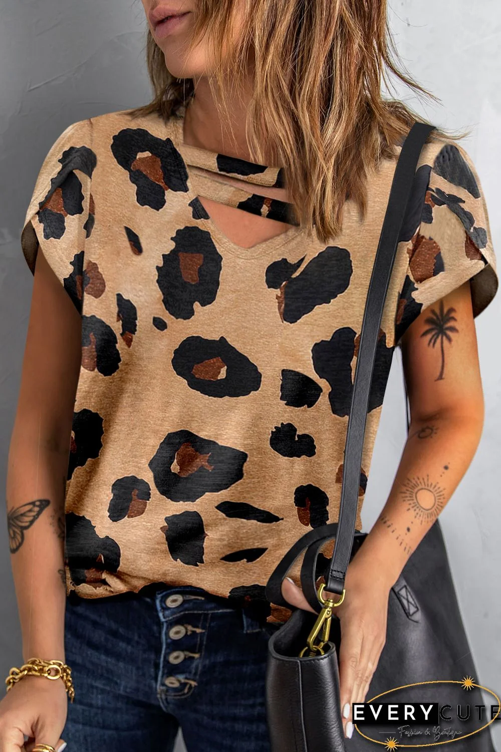 Khaki Leopard Strappy V Neck Overlap Sleeve Top