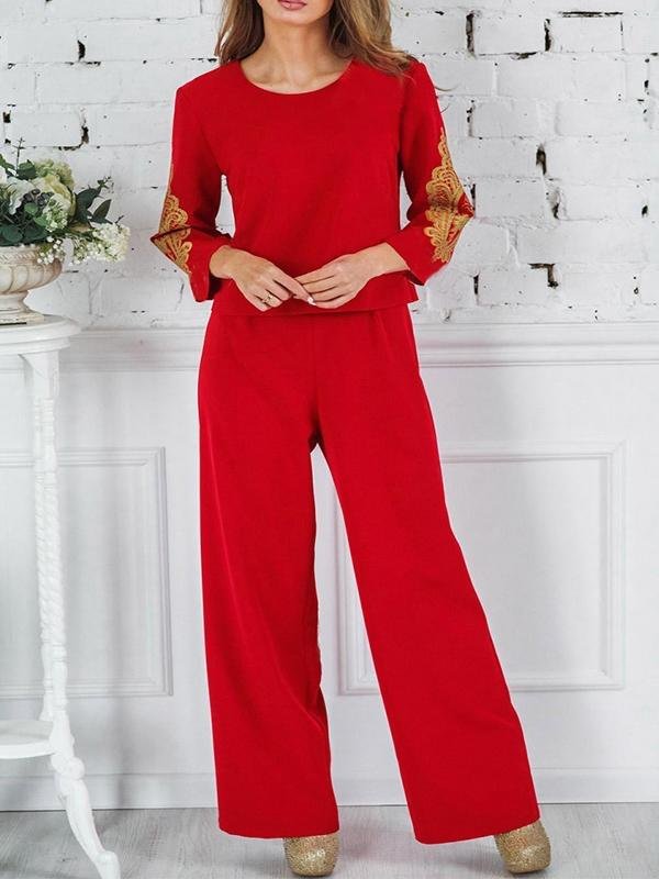 Round neck printed long-sleeved top and trousers suit