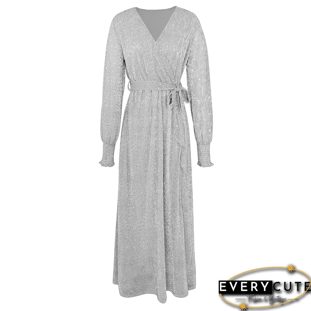 Silver Sequin V Neck High Split Maxi Dress