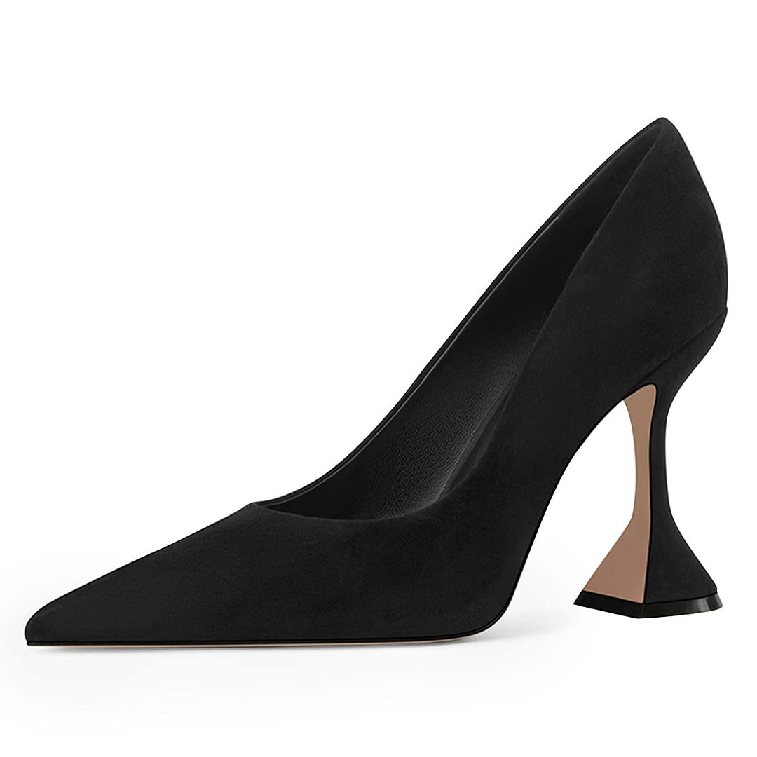 Black Vegan Suede Pointed Toe Flared Heel Pumps for Women