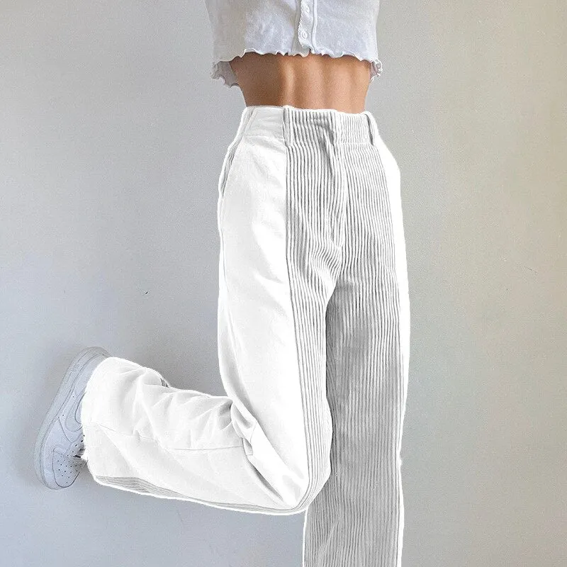Vintage Patched Corduroy Pants Women Fashion Harajuku E-Girl Long High Waist Straight Trousers Autumn Y2K Pants Female