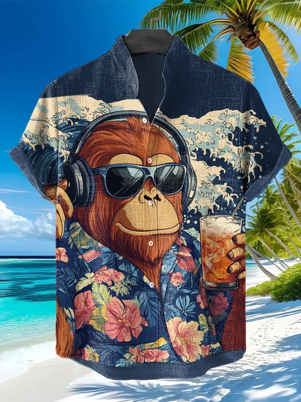 Men's Gorilla Listening To Music Great Wave Print Shirt