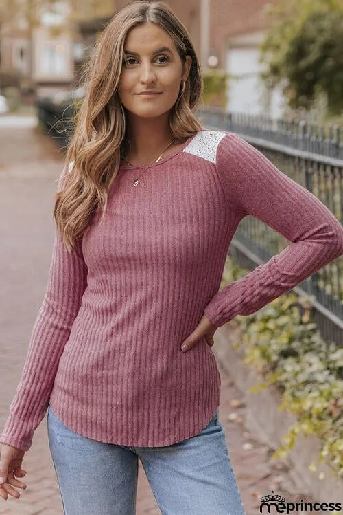 Ribbed Lace Detail Long Sleeve Knit Top