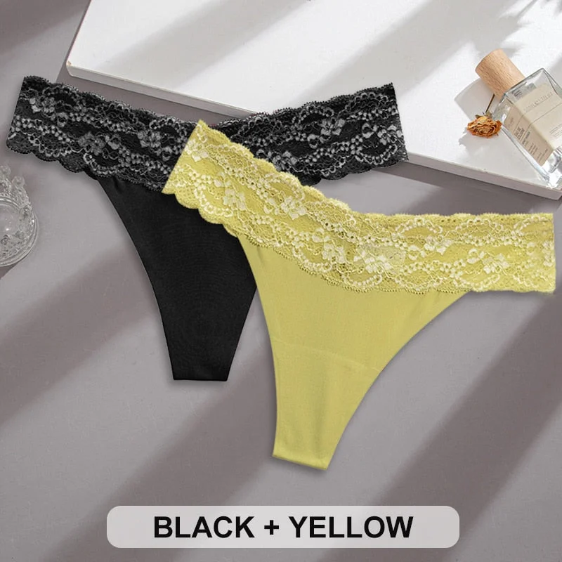 2PCS/Set Lace Panties Sexy Underwear Thong Women Panties G-String Panties Briefs Lingerie Floral V Waist Design Female Underpant