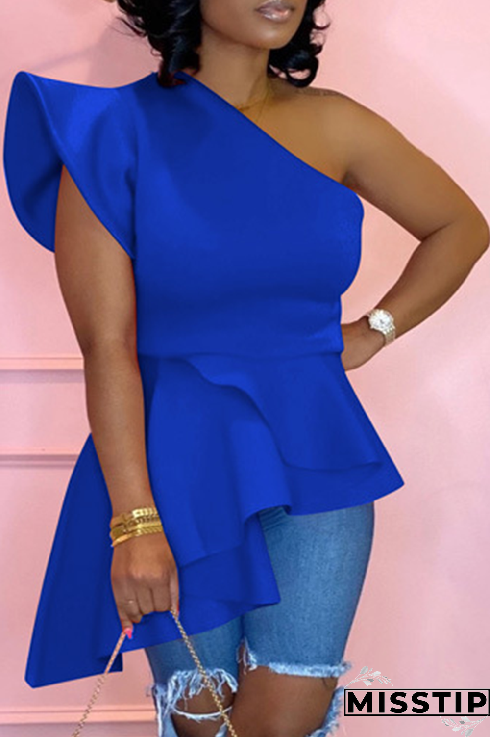 Blue Street Solid Flounce One Shoulder T-Shirts