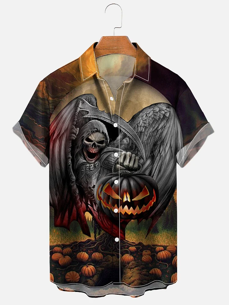 Men's Pumpkin And Skull Lantern Halloween Print Shirt