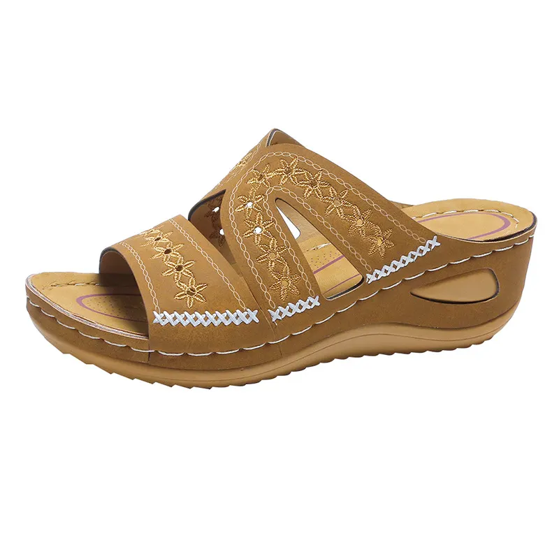 Breakj Breakj Women's Slope And Sewing Sandals Fish Mouth Thick Soles Hollow Large Size Shoes Embroidered Cool Slippers
