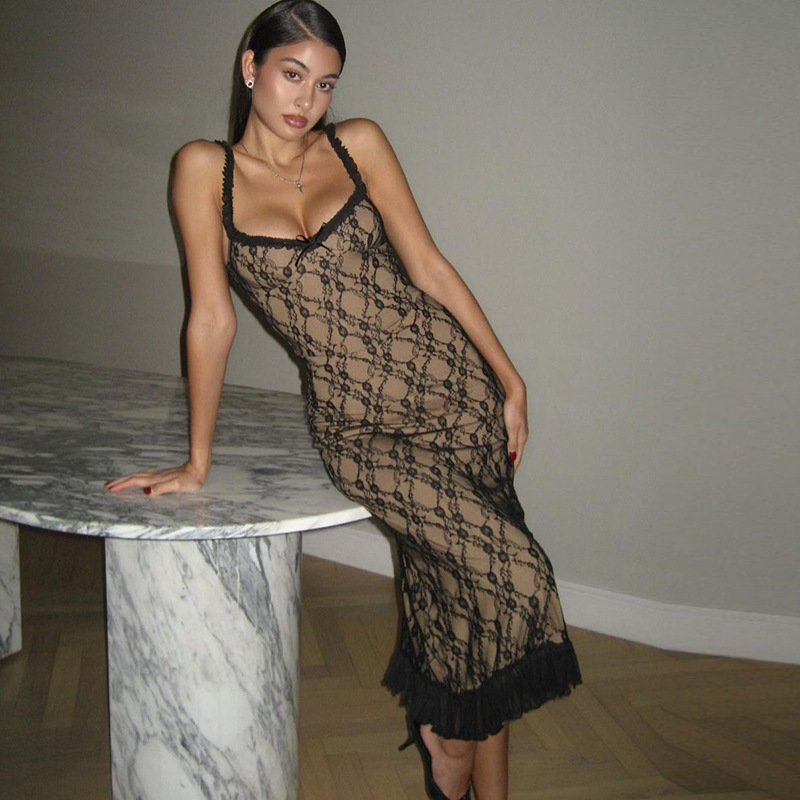 Ootddress Printed Lace Backless Long Dress Female Spaghetti Ruffled Patchwork Slim See-Through Party Dress Lace-Up Maxi Dress Women