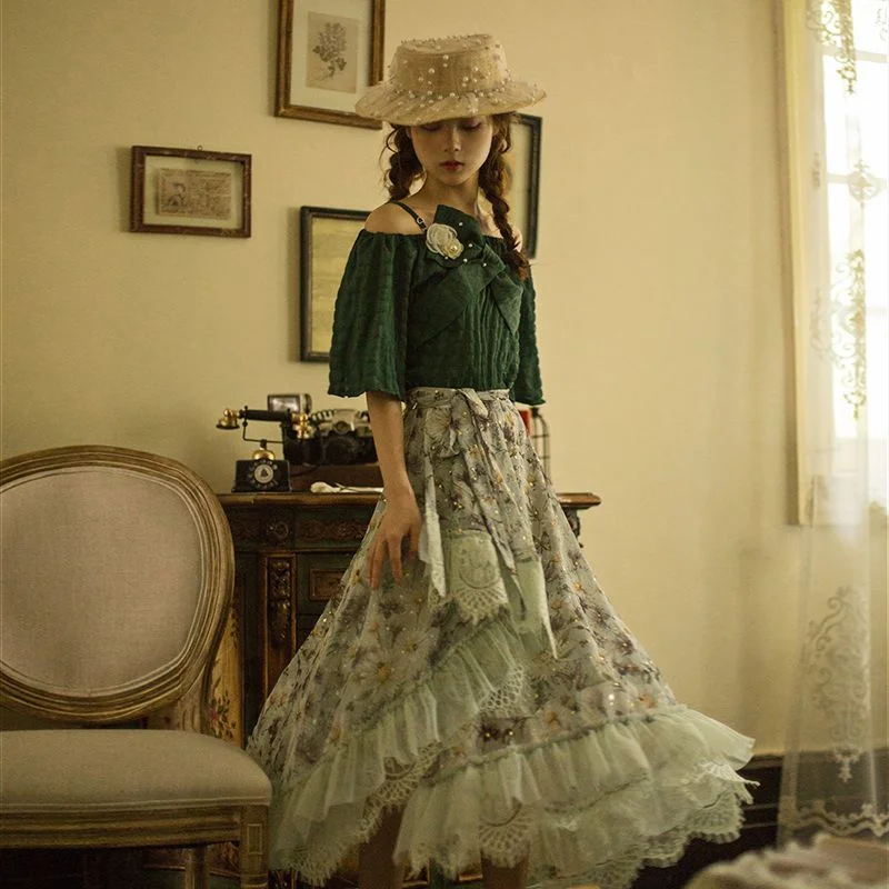 Cottagcore Floral Print Chiffon A-Line Skirt YP2430