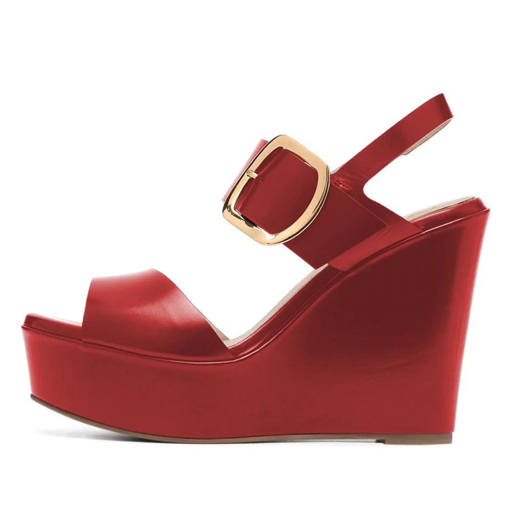 Red Round Toe Platform Ankle Strappy Wedge Sandals for Women