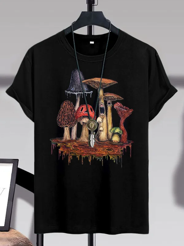 <💯Cotton> Men's Spooky Mushrooms Art Graphic Print Cotton Casual T-Shirt