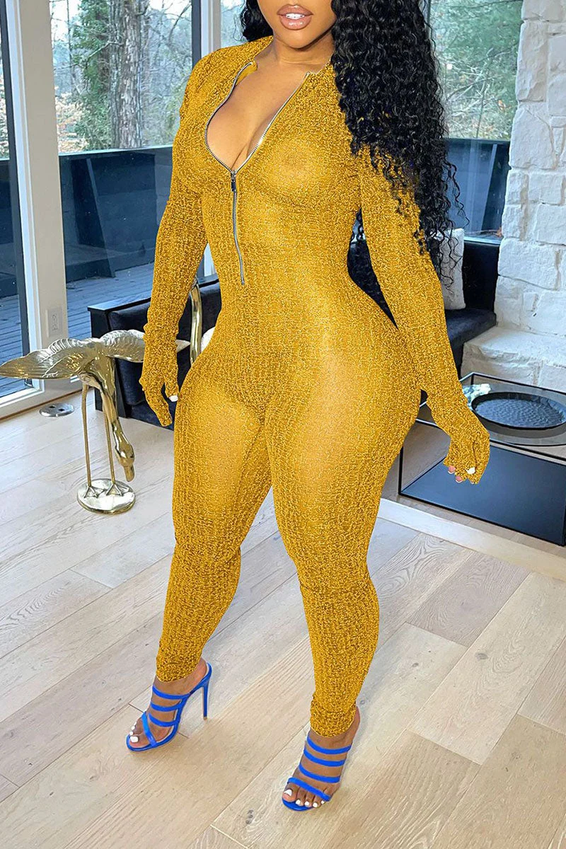 Sexy Solid Split Joint Zipper Collar Skinny Jumpsuits