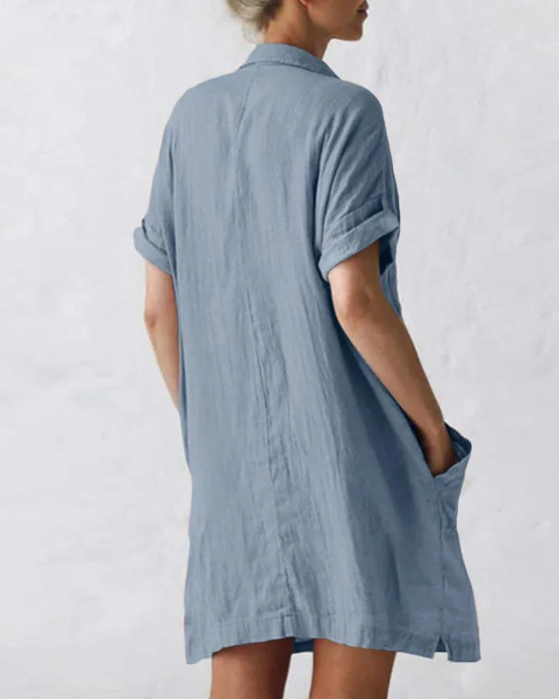 Solid Color Short Sleeve Pocket Dress