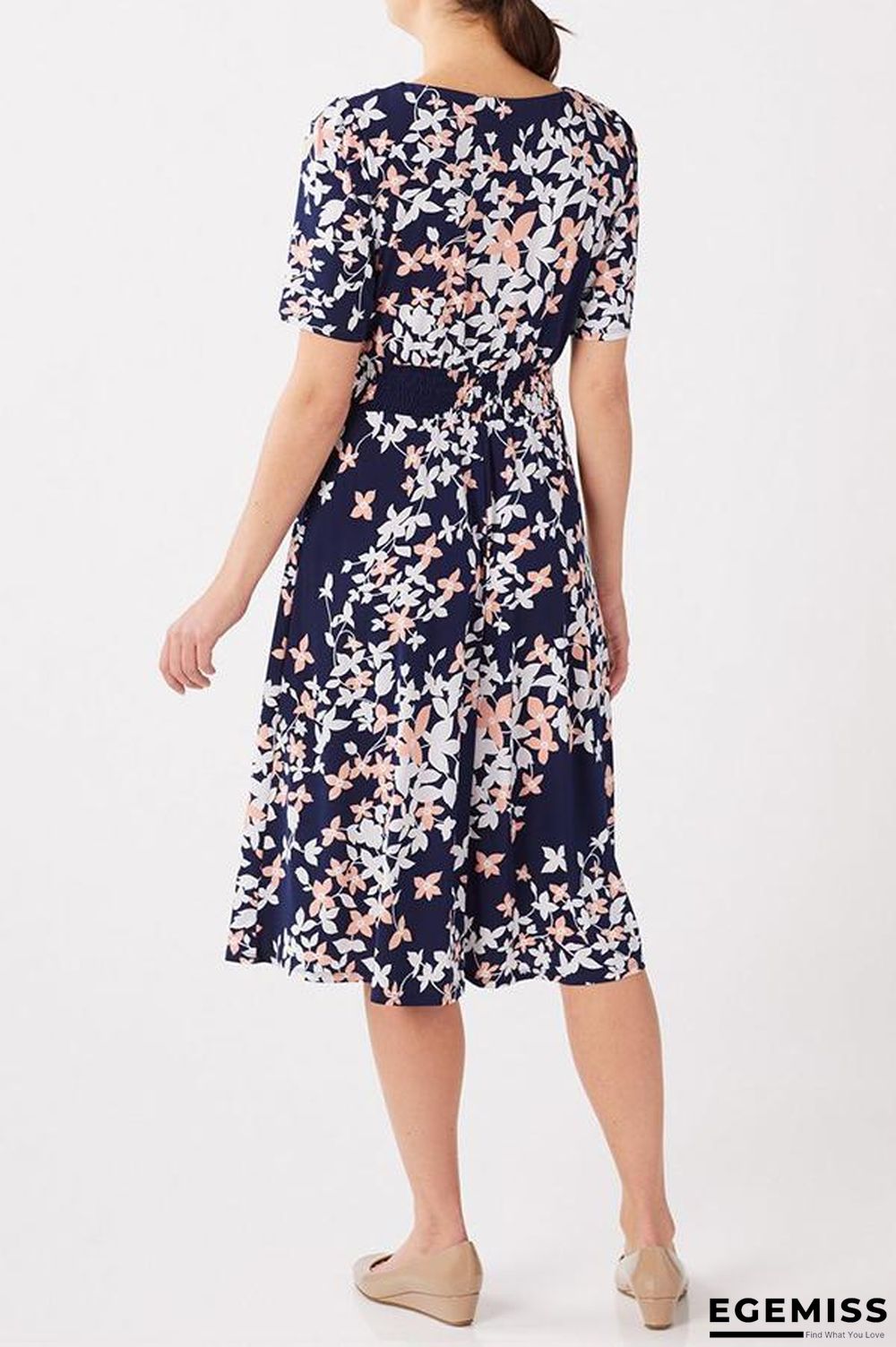 Floral Print Paneled Short Sleeves Elegant A-line Midi Dress | EGEMISS